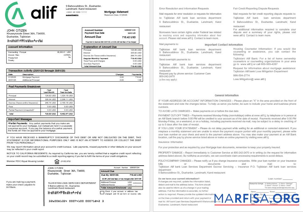Realistic Tajikistan Alif Bank mortgage statement in Word and PDF formats sample